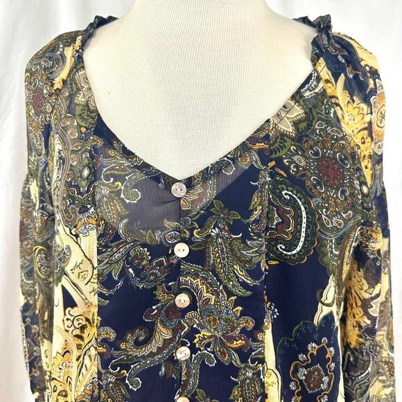 FIG AND FLOWER Navy Yellow Paisley Button Peasant Blouse V Neck Women M Bohemian - Picture 2 of 6
